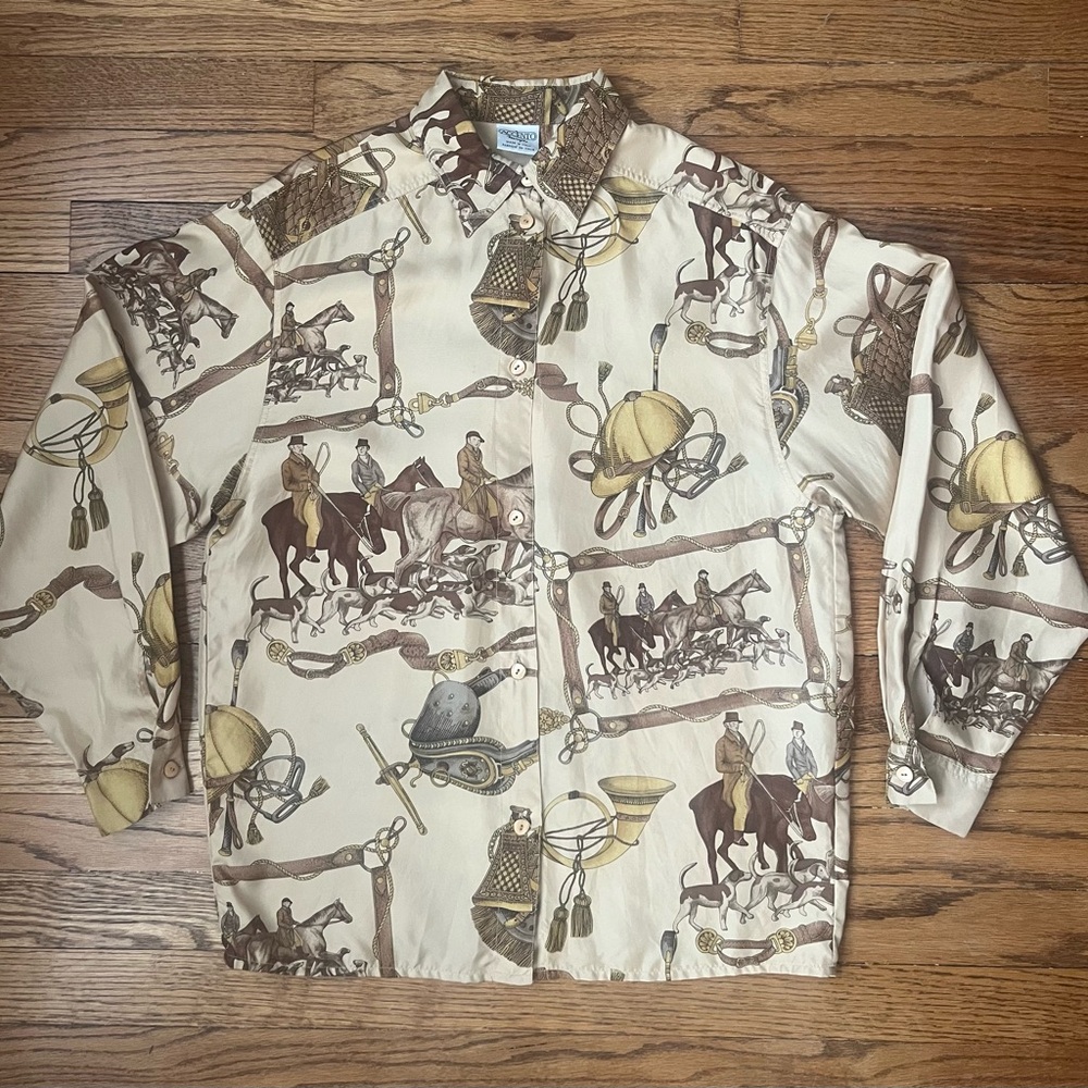 VTG Equestrian English Hunting Scene Victorian Print Women’s Silk Blouse Sz.6